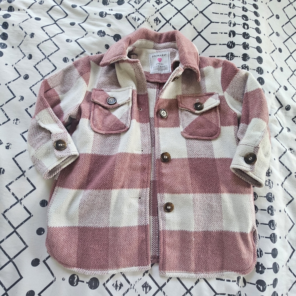 Primark Plaid Shacket Oversized In Pink & Cream, Size 4-5